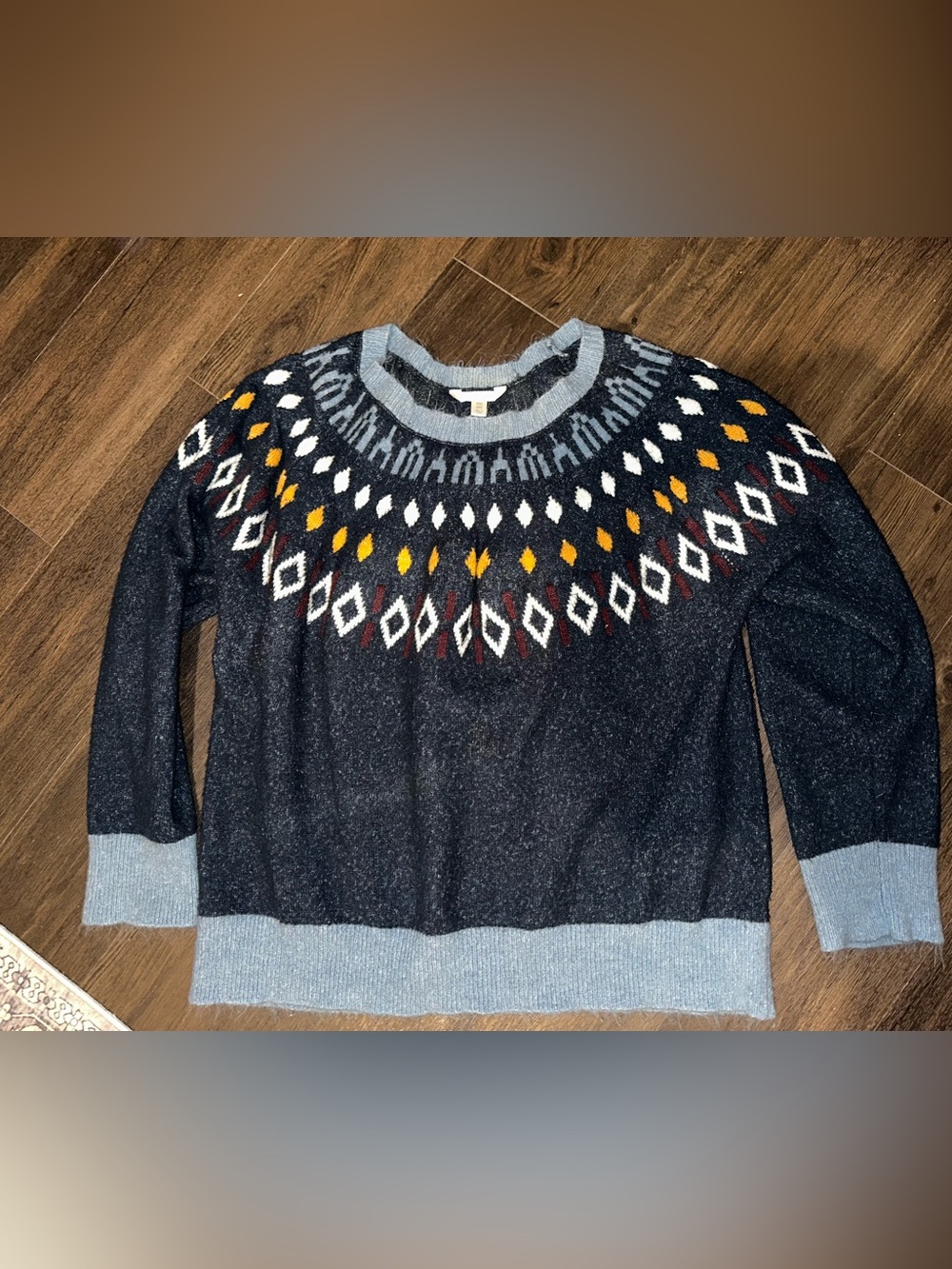 Time and Tru Navy Crewneck Sweater with Fair Isle Yoke